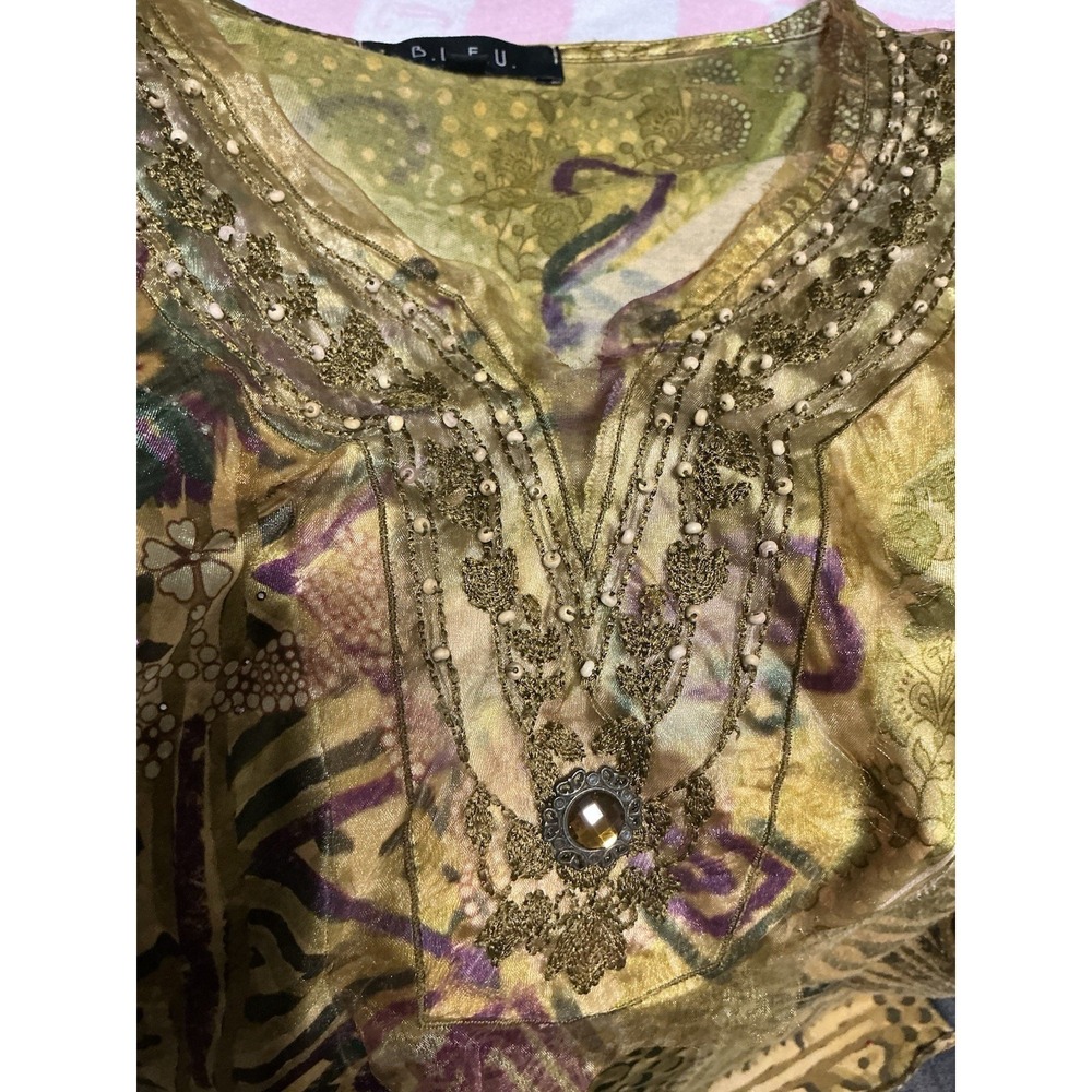 B.L.E.U. Women's Top Size XLP Green Yellow Purple Embroidered Artsy Boho Y2K - Picture 7 of 9